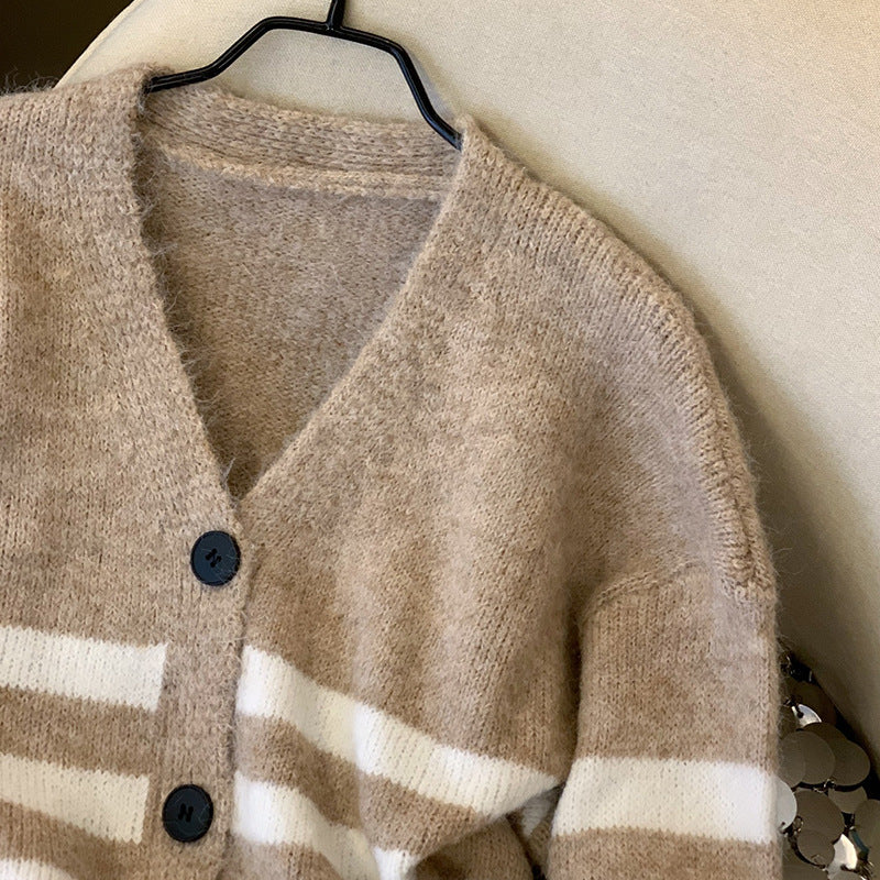 Damen Gemütlicher Strickcardigan mit V-Ausschnitt und Streifen Drune