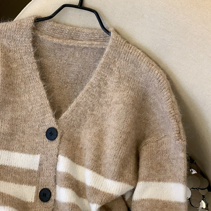 Damen Gemütlicher Strickcardigan mit V-Ausschnitt und Streifen Drune