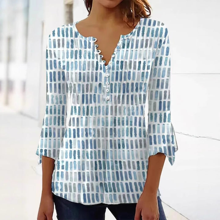 Damen nan luftig leichtes Aquarell-Print Blusenshirt mit Henley-Knopfleiste und dreiviertel Glockenärmeln Drune