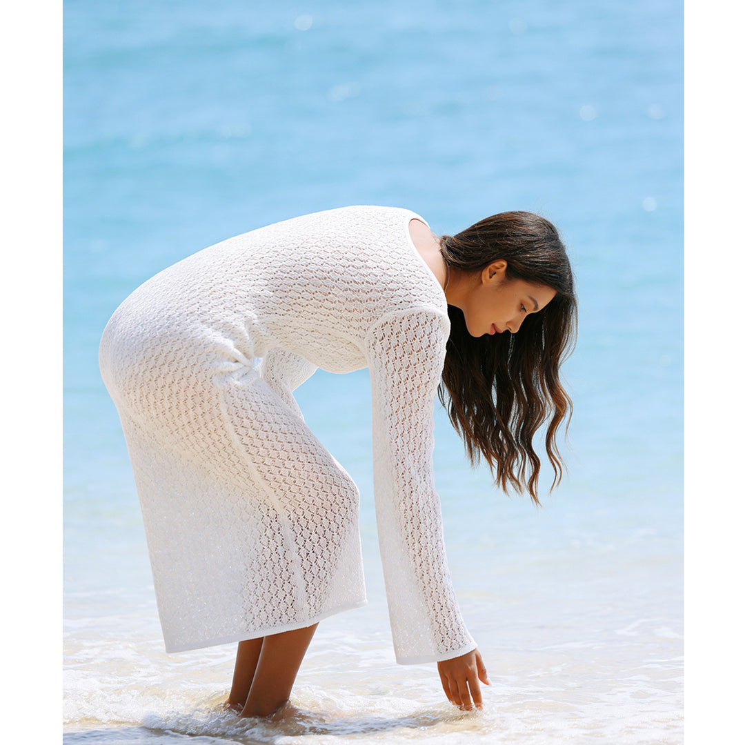Damen lässiges Häkelstrandkleid mit tiefem V-Ausschnitt und eleganten Cut-Outs Drune