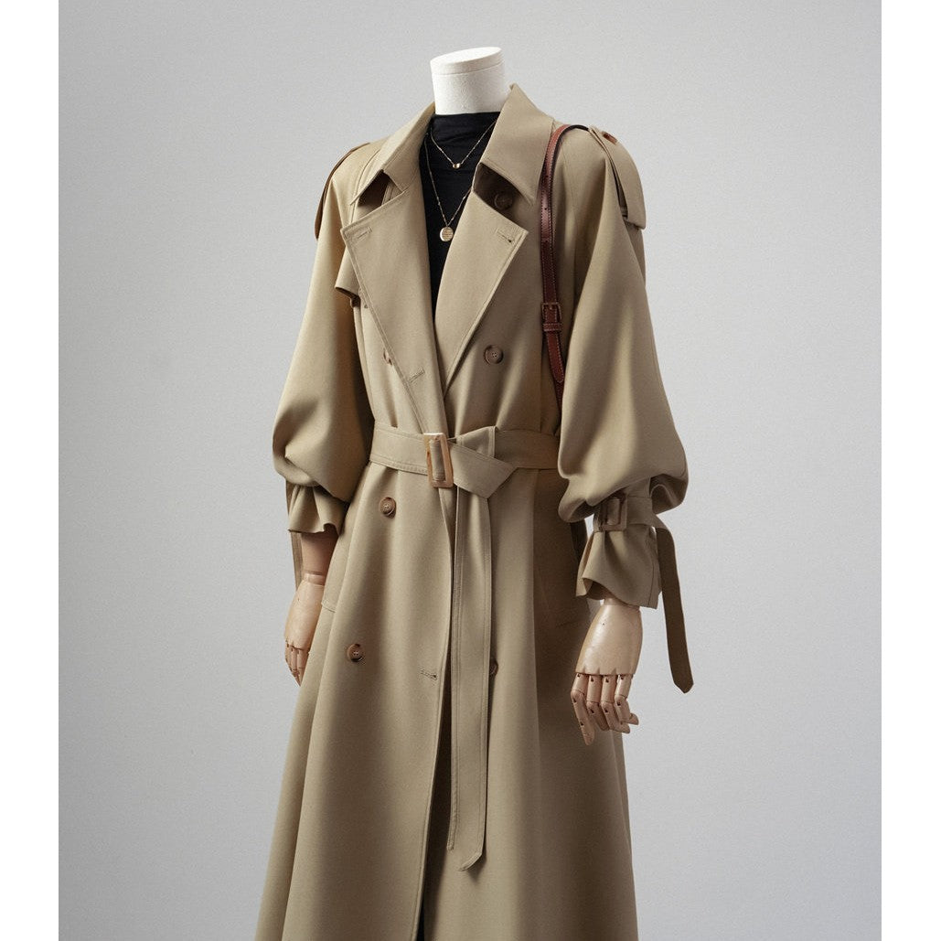 Damen Trenchcoat mit Ballonärmeln, doppelreihiger Schnitt und Taillengürtel Drune