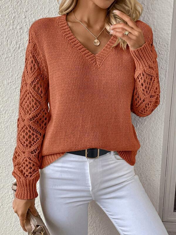 Damen Strickpullover mit V-Ausschnitt und gehäkelten Ärmeln Drune