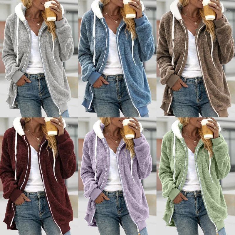 Damen Oversized Sherpa-Zipjacke mit Kontrastkragen, Rippbündchen und Kordelzug Drune