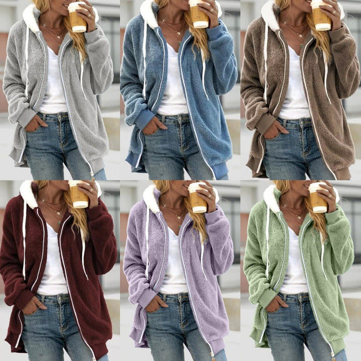 Damen Oversized Sherpa-Zipjacke mit Kontrastkragen, Rippbündchen und Kordelzug Drune