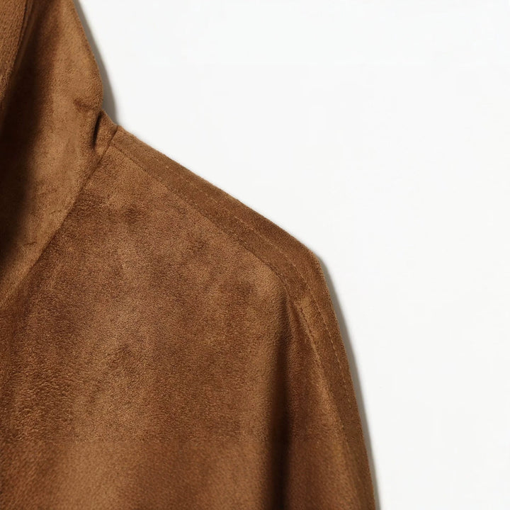 Damen Kurze Velours‑Suede‑Bomberjacke mit Stehkragen und verdeckter Knopfleiste Drune