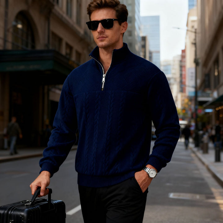 Herren Grobstrick-Halbzip-Pullover mit Zopfmuster und Stehkragen Drune