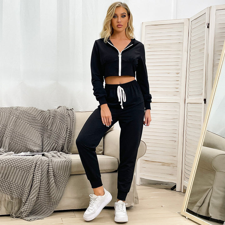 Damen Zweiteiliger Velours-Jogginganzug mit Cropped-Kapuze und Tunnelzughose Drune