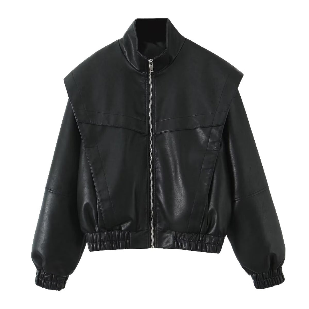 Damen Cropped Jacke im futuristischen Biker-Look aus veganer Lederoptik mit hohem Stehkragen und elastischem Saum Drune