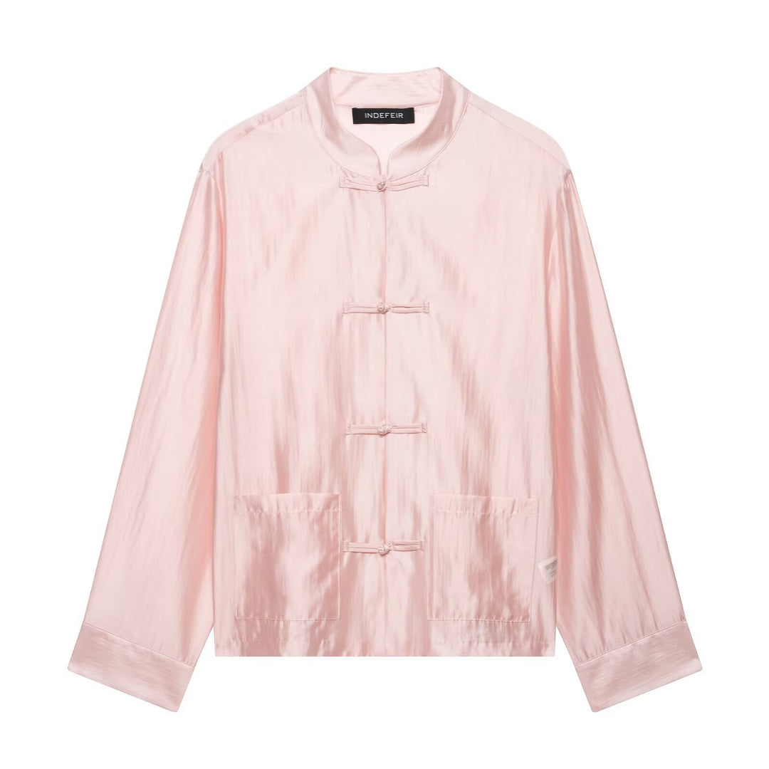 Damen Chinesisch-inspirierte Hemdjacke mit Stehkragen und Knotenknöpfen Drune