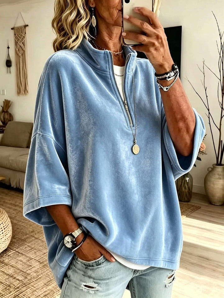 Damen Oversize Samt-Pullover mit kurzem Reißverschluss und Stehkragen Drune