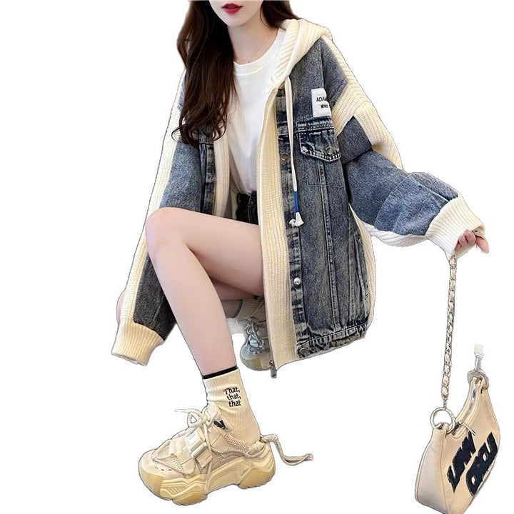 Damen Oversized Denim-Jacke mit Strickelementen Drune
