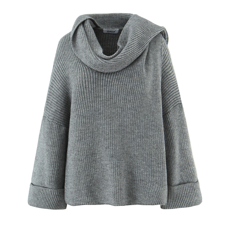 Damen Boxy-Cropped Grobstrick-Pullover mit voluminösem Schalkragen Drune