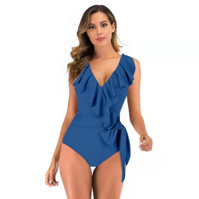 Damen Einteiliger Badeanzug mit raffinierten Rüschendetails und eleganter Schleife Drune
