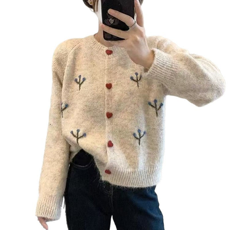 Damen kuscheliger Strickjacke mit Herzen und Blumenstickerei Drune