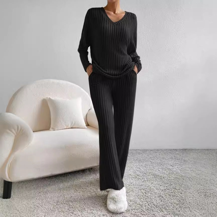 Damen lässiges Strick-Lounge-Set mit V-Ausschnitt Drune
