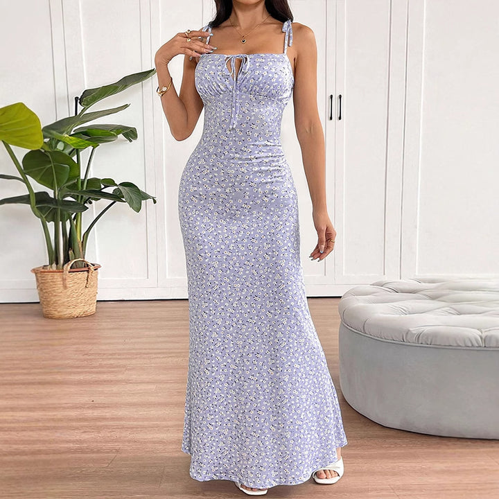 Damen luftiges Maxikleid mit verstellbaren Spaghettiträgern und süßem Blumendruck Drune
