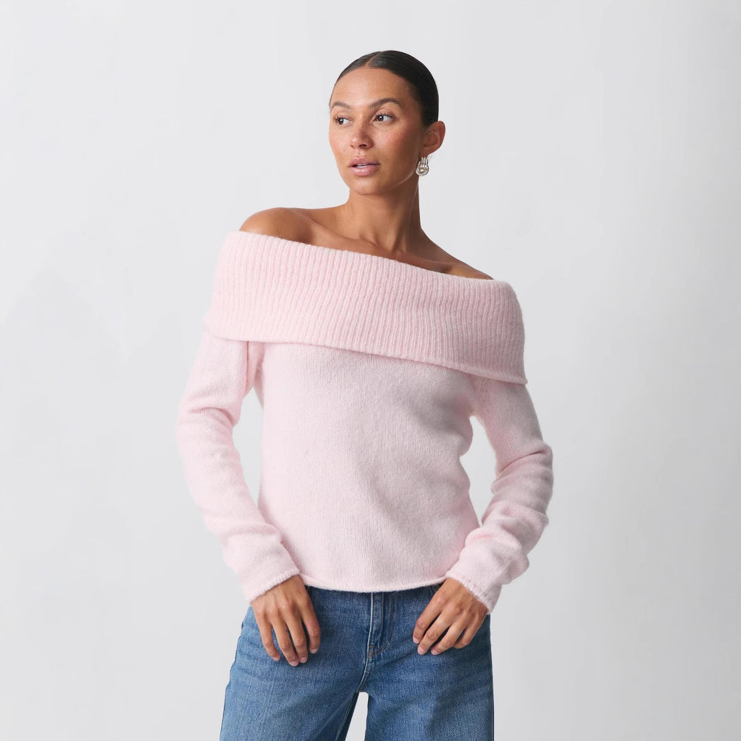 Damen nan Off-Shoulder Grobstrickpullover mit breitem Umschlagkragen und lässiger Oversize-Passform Drune