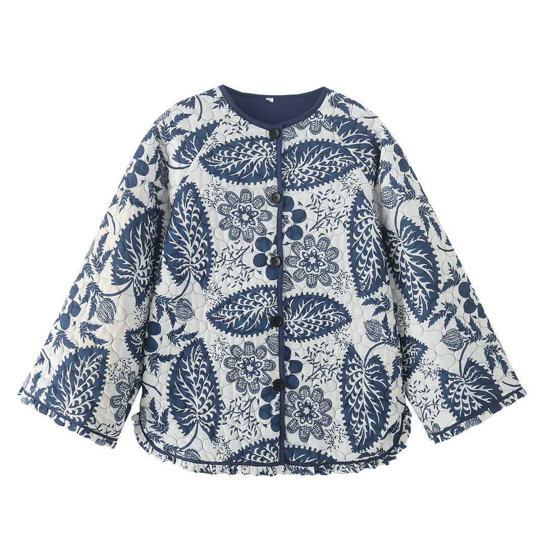 Damen nan gesteppte Steppjacke mit floralem Patchwork-Print, runder Knopfleiste und gerundetem Saum Drune