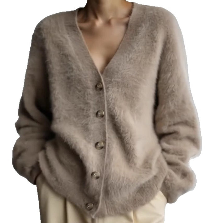 Damen Flauschiger Eyelash-Mix Oversize-Cardigan mit V-Ausschnitt und dekorativen Holzknöpfen Drune