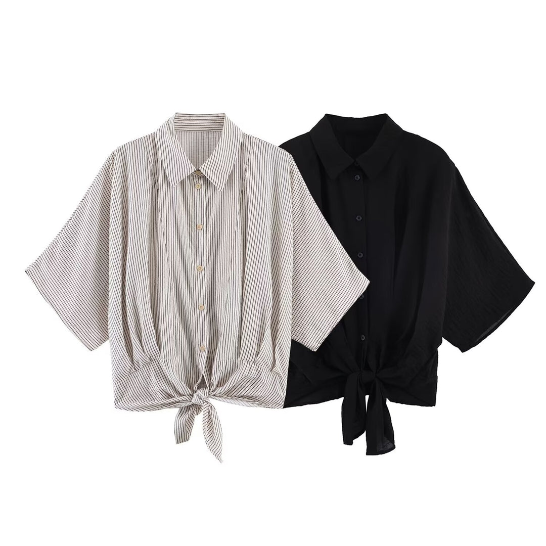 Damen Gestreifte Oversize-Bluse mit Kimonoärmeln und Knotenfront Drune