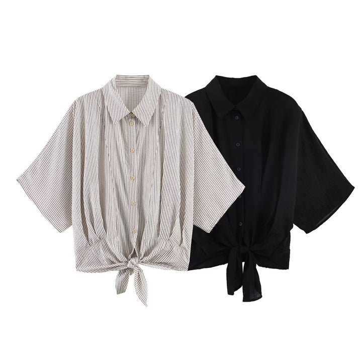 Damen Gestreifte Oversize-Bluse mit Kimonoärmeln und Knotenfront Drune