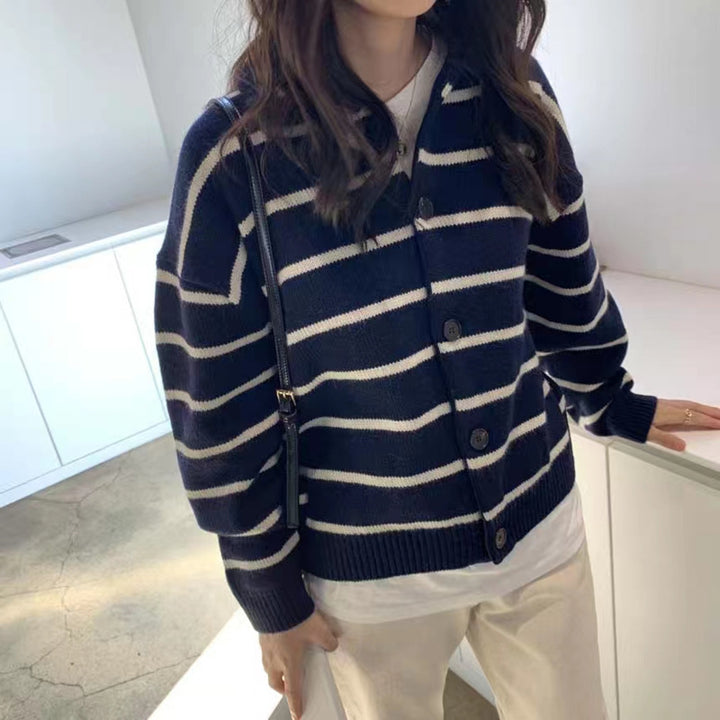 Damen lässige Strickjacke mit maritimem Streifenmuster und schmalem Schnitt Drune