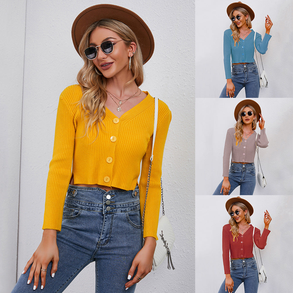 Damen Cropped Strickjacke mit modernen Knopfdetails Drune