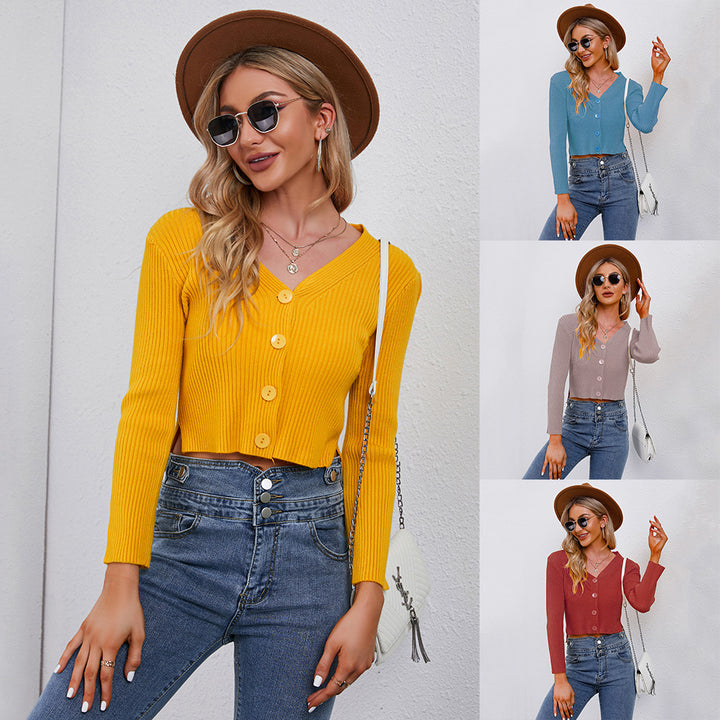 Damen Cropped Strickjacke mit modernen Knopfdetails Drune
