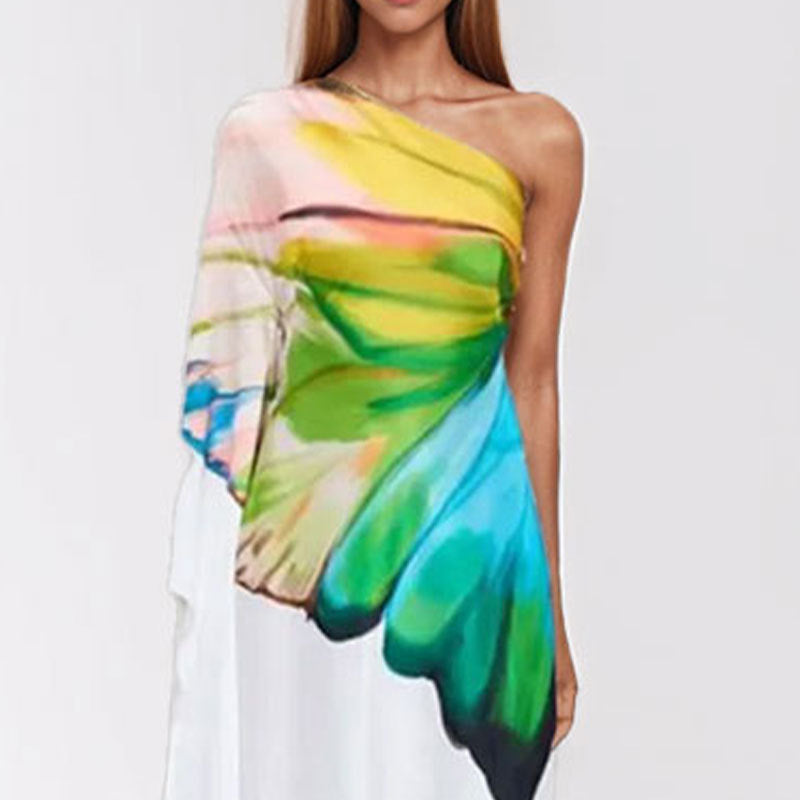Damen Maxikleid mit asymmetrischem Design und künstlerischem Druck Drune