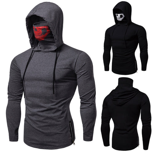 Herren Slim-Fit Kapuzenpullover mit integrierter Totenkopf-Gesichtsmaske Drune