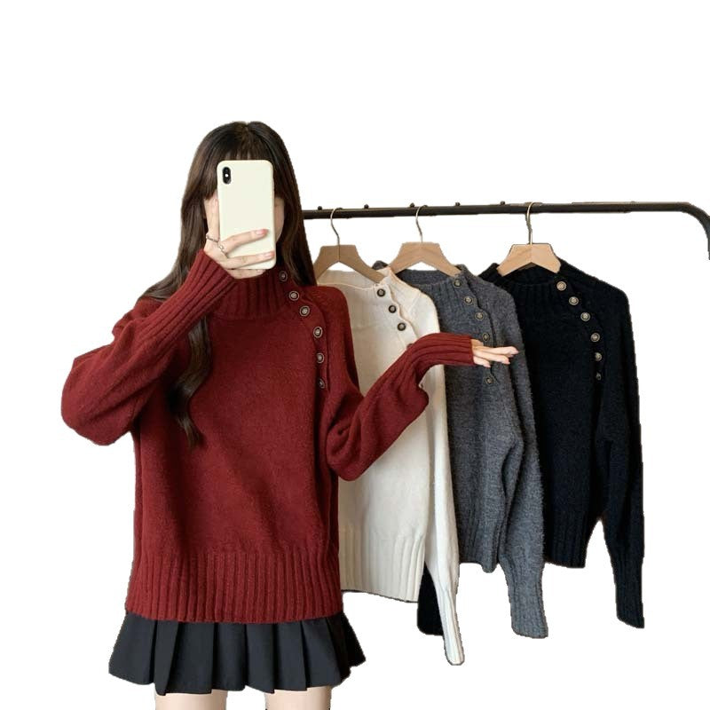 Damen eleganter Rollkragenpullover mit Knopfdekoration und strukturierter Textur Drune