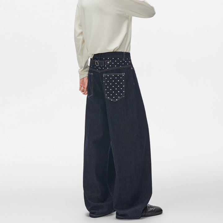 Unisex Ultraweite Palazzodenim-Hose mit Nietenbesetzten Eingrifftaschen und bodenlangem Saum Drune