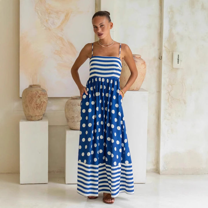 Damen Maxikleid mit gerafftem Oberteil und verspieltem Punkt- und Streifenmuster Drune