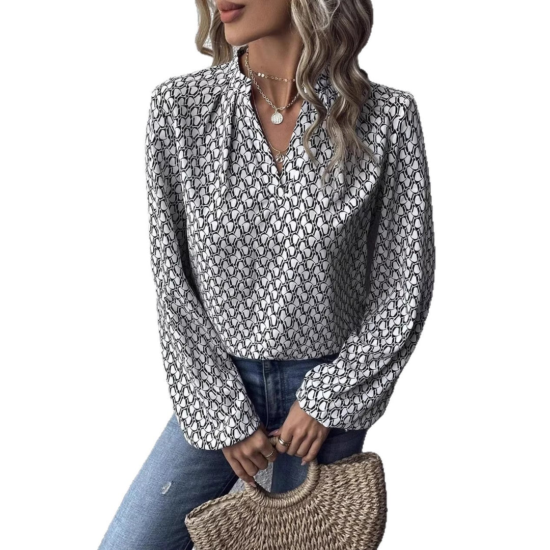 Damen Gemusterte Viskose-Bluse mit Stehkragen und Ballonärmeln Drune