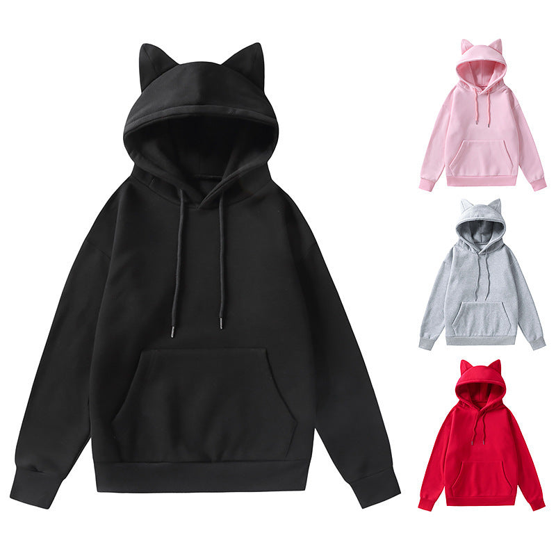 Damen nan Kapuzenpullover mit Katzenohren oversized Sweatshirt mit Kängurutasche und Kordelzug Drune
