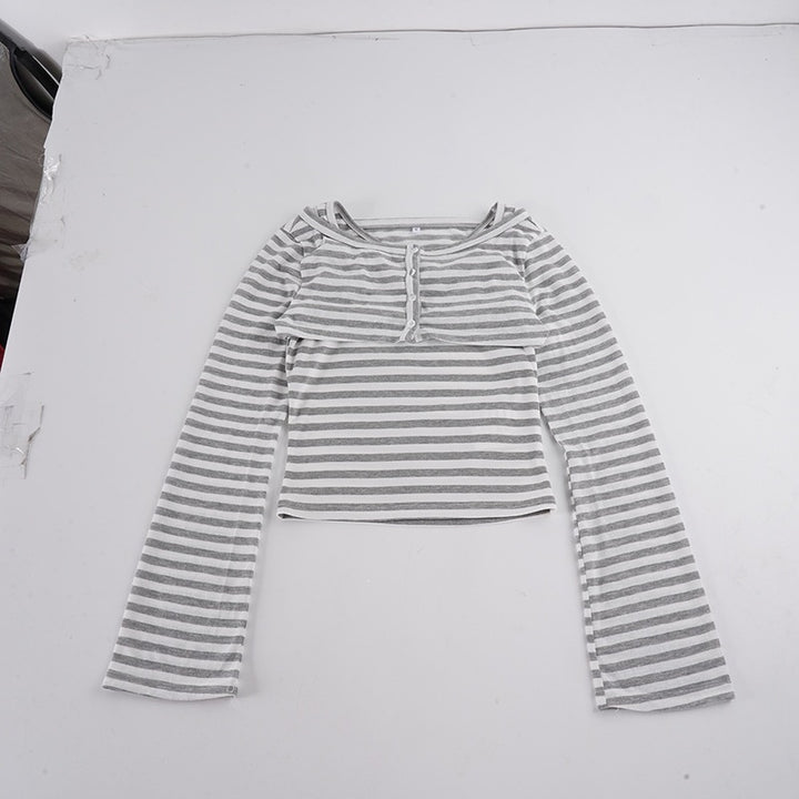 Damen Gestreiftes Cropped-Langarmshirt mit Boot-Ausschnitt und Zierschleife Drune