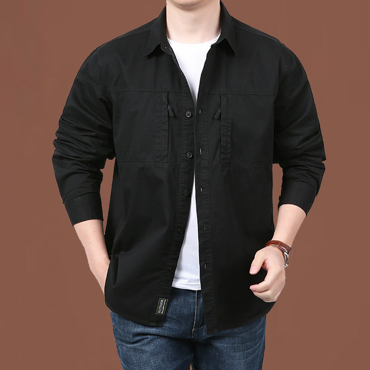 Herren  leichtes Baumwoll-Utility-Overshirt mit zwei verdeckten Brusttaschen und klassischem Kentkragen Drune