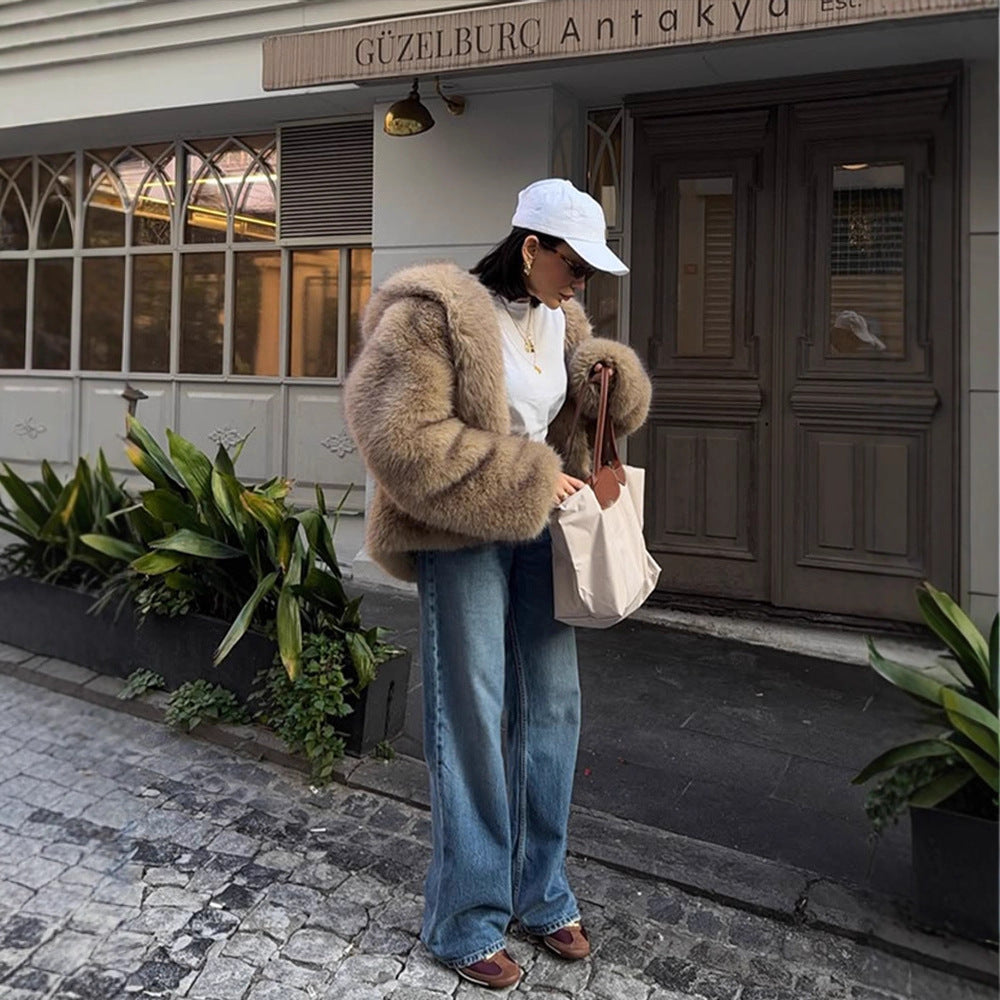 Damen Boxy-Kunstpelzjacke im Teddy-Look mit Oversize-Schalkragen Drune