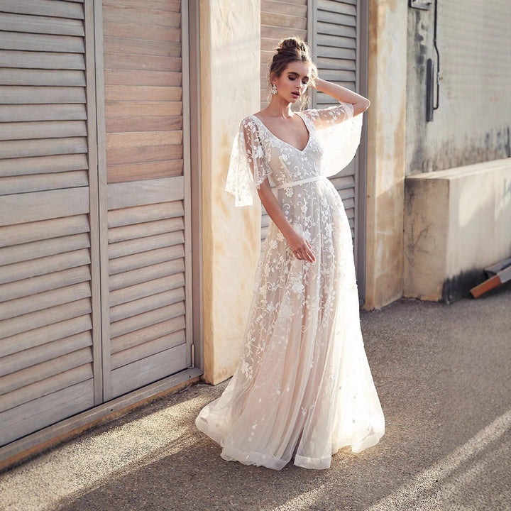 Damen Abendkleid mit floralen Stickereien und Spitzenärmeln Drune