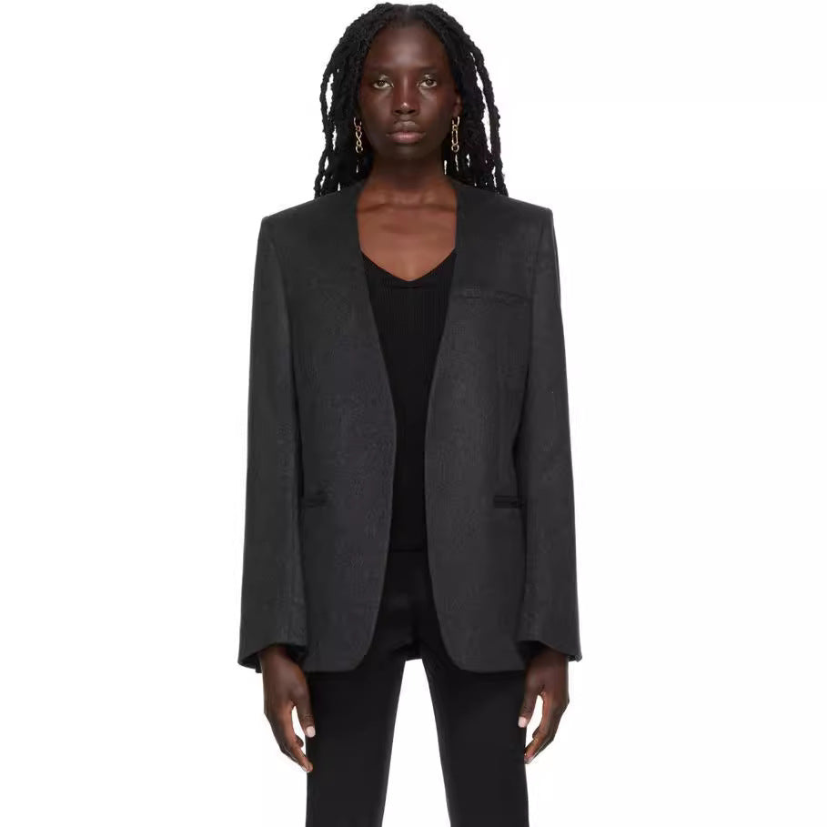 Damen Kragenloser Longblazer mit offenem Fall und Cape-Effekt Drune