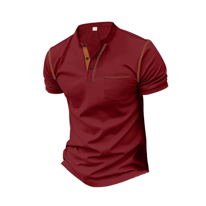 Herren nan Kurzarm-Polo im Henleystil mit Stehkragen, Brusttasche und Kontrastnaht Drune