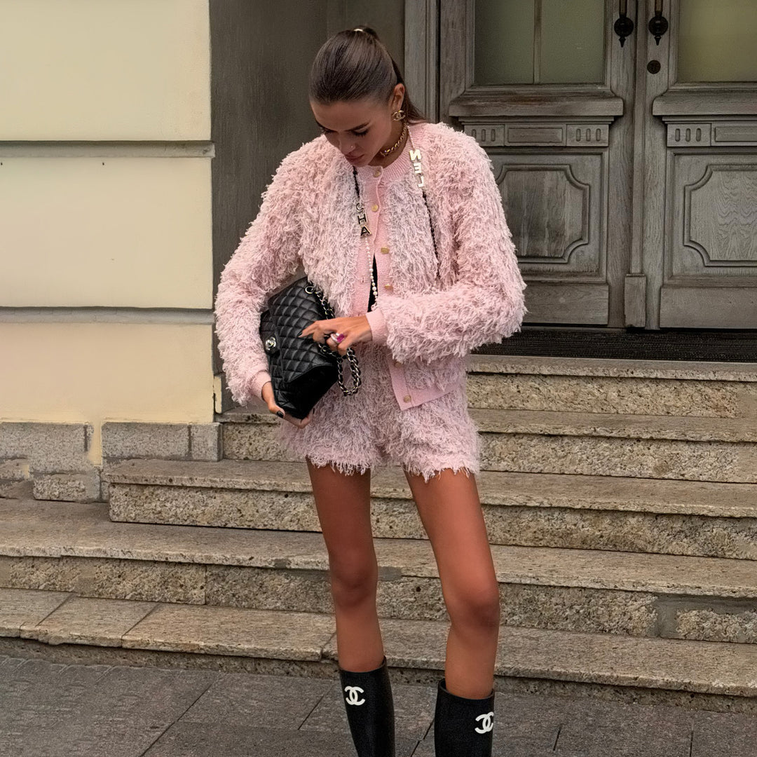 Damen Modisches Strick-Set mit fransigen Details und eleganten Knöpfen Drune