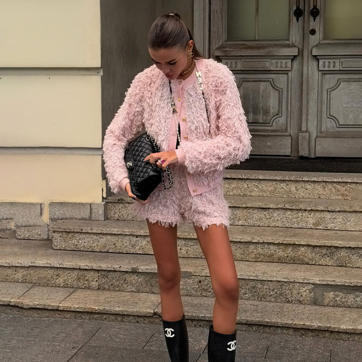 Damen Modisches Strick-Set mit fransigen Details und eleganten Knöpfen Drune