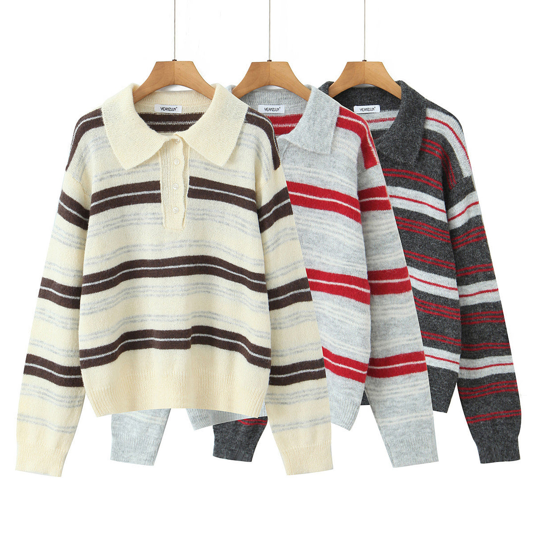 Damen Gestreifter Polokragen-Strickpullover im Oversize-Look Drune