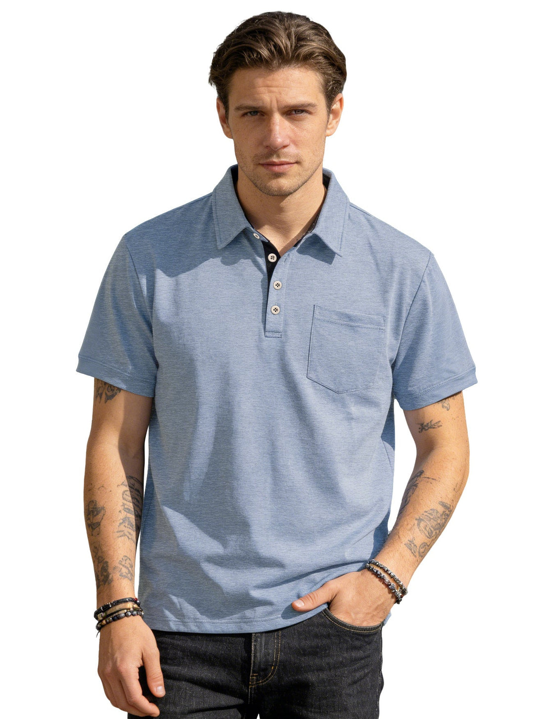Herren nan Kurzarm-Polokragen-Shirt aus texturiertem Jersey mit Brusttasche und kontrastierter Knopfleiste Drune