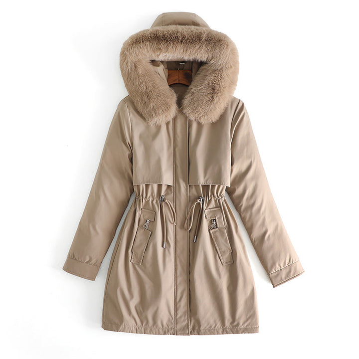 Damen nan mittellanger wasserabweisender Parka mit voluminösem Kunstfellkragen, Taillenzug und multifunktionalen Pattentaschen Drune