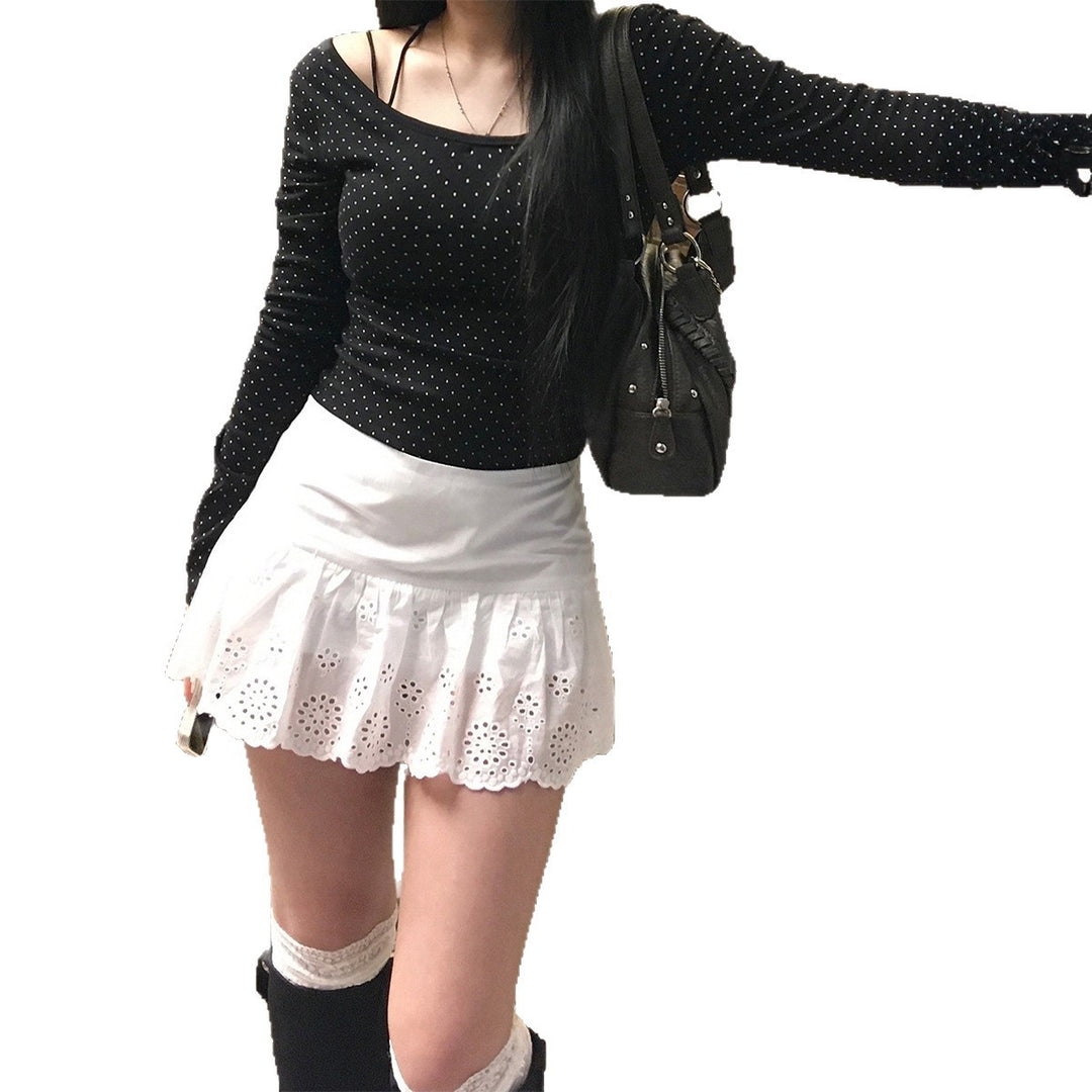 Damen nan geripptes Crop-Longsleeve mit feinem Pünktchenmuster und U-Ausschnitt Drune
