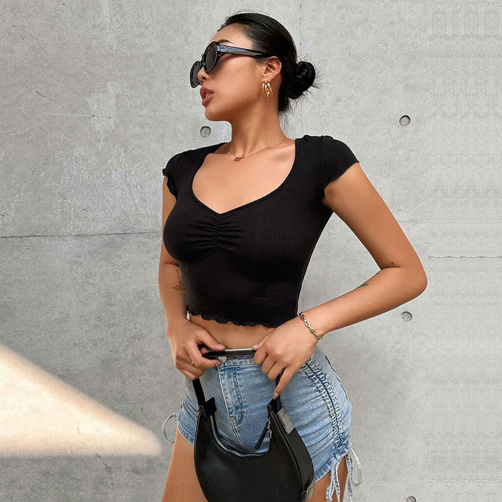 Damen cropped Oberteil mit elastischer Raffung und modischem V-Ausschnitt Drune