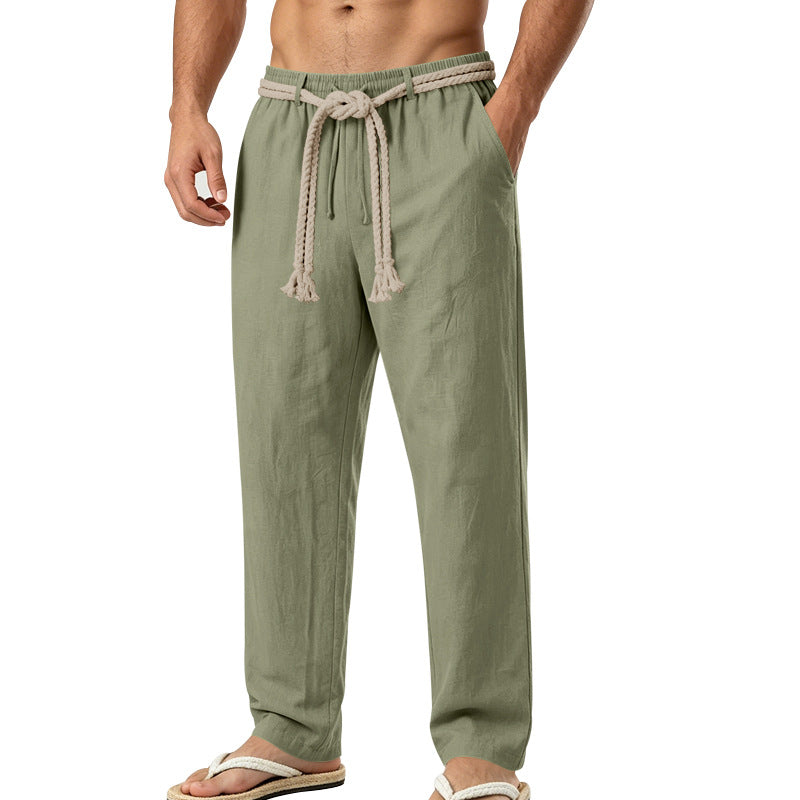 Herren lässige Leinen-Loungehose mit elastischem Bund, dekorativem Seilgürtel und Seitentaschen Drune
