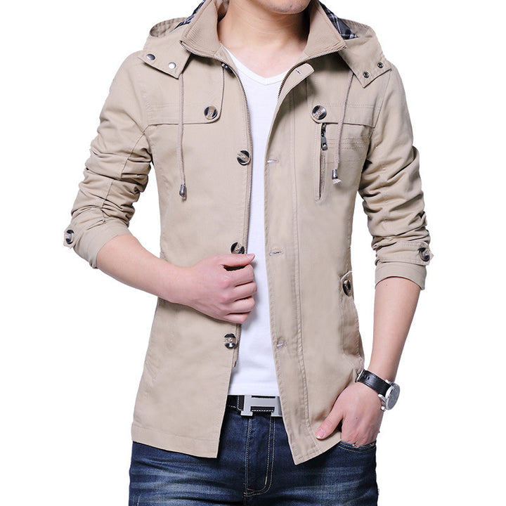 Herren leichte Baumwoll-Fieldjacke mit Kapuze, zweifachem Verschluss und Rollärmel Drune